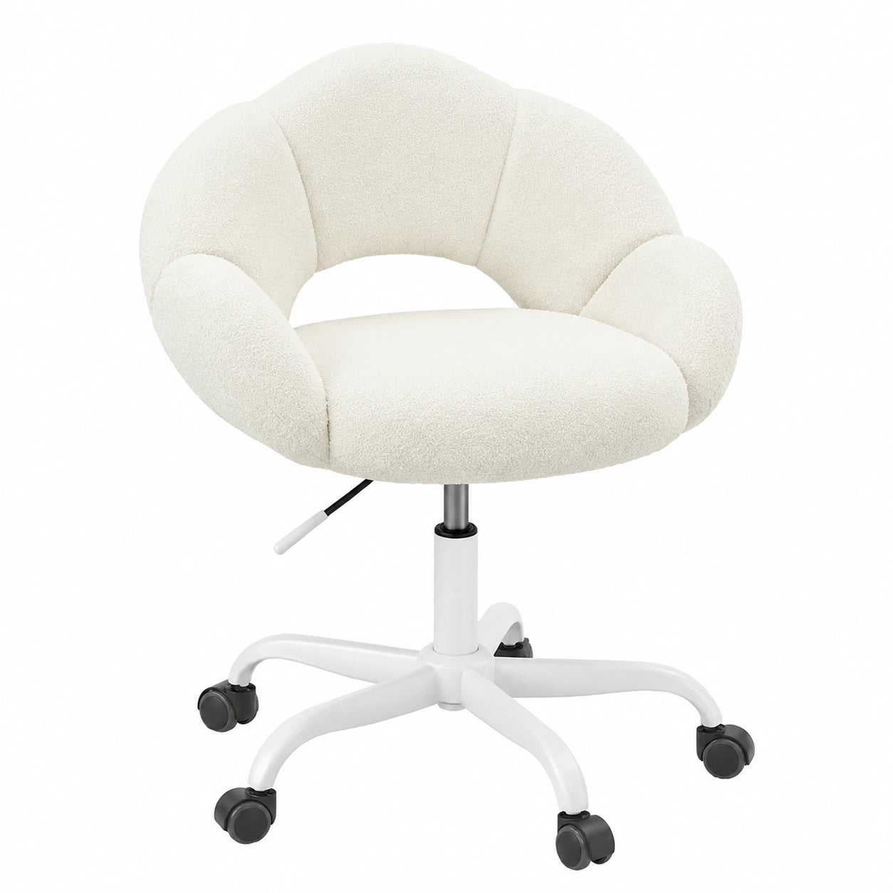 Ergonomischer Drehstuhl aus Teddyplüsch, höhenverstellbar, mit Rollen, Blumenform, für Schlafzimmer und Home-Office, beige