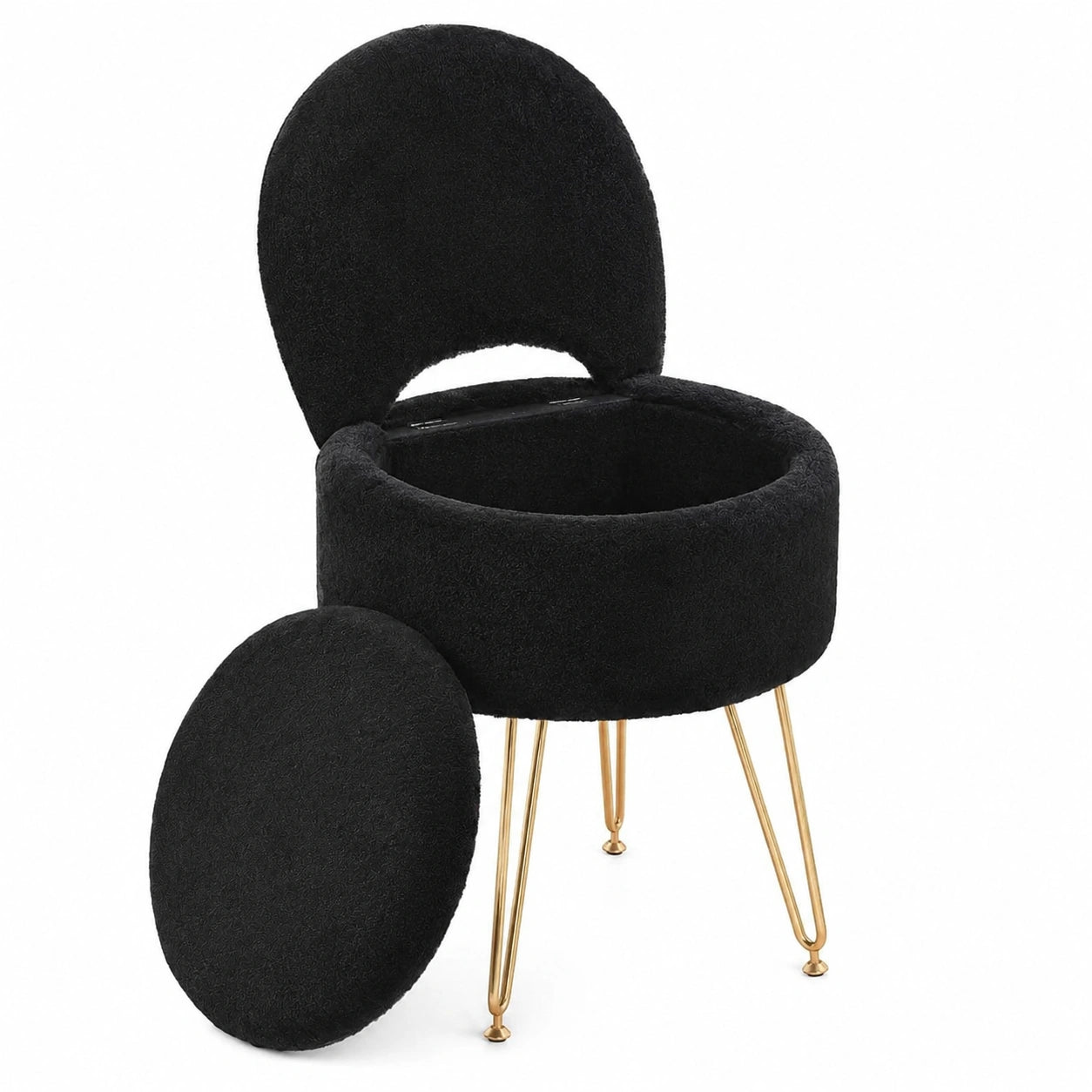 Moderner Schminkstuhl mit Stauraum und Kunstfelldesign, zusammenklappbare Lehne, rutschfeste Metallbeine, ideal für Teenager – Schwarz, Größe L