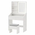 Moderner Schminktisch mit LED-Licht und USB-Anschluss, Holz-Vanity-Tisch mit Hocker, offene Fächer & 2 Schubladen, für Schlafzimmer oder Salon, Weiß