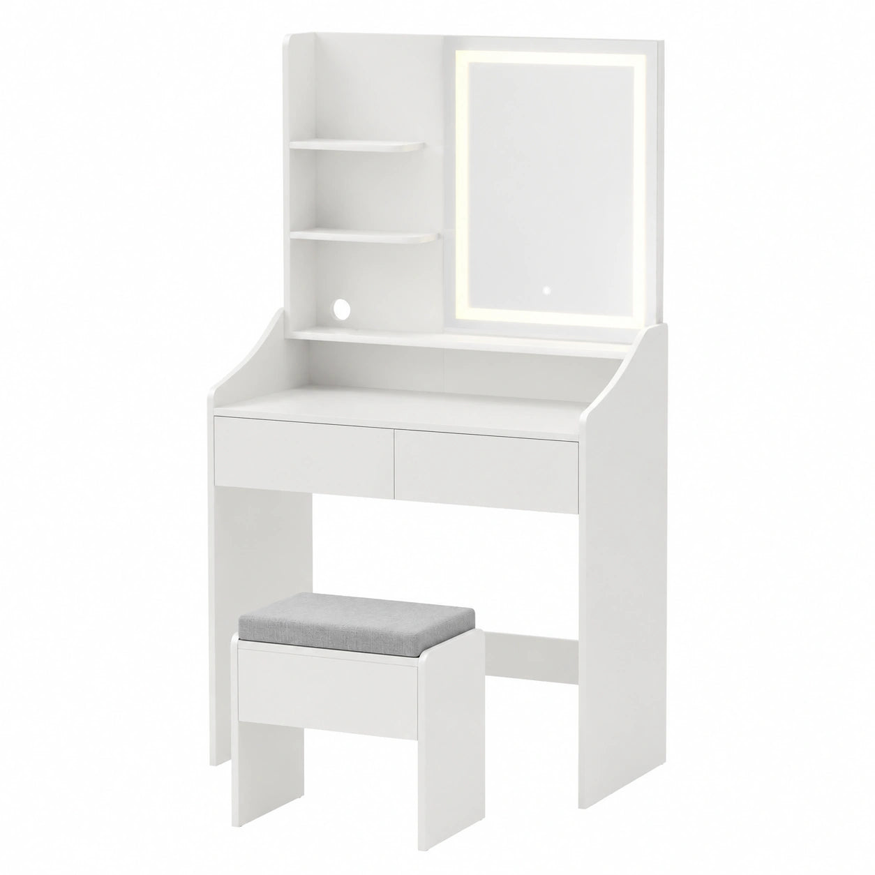 Moderner Schminktisch mit LED-Licht und USB-Anschluss, Holz-Vanity-Tisch mit Hocker, offene Fächer & 2 Schubladen, für Schlafzimmer oder Salon, Weiß