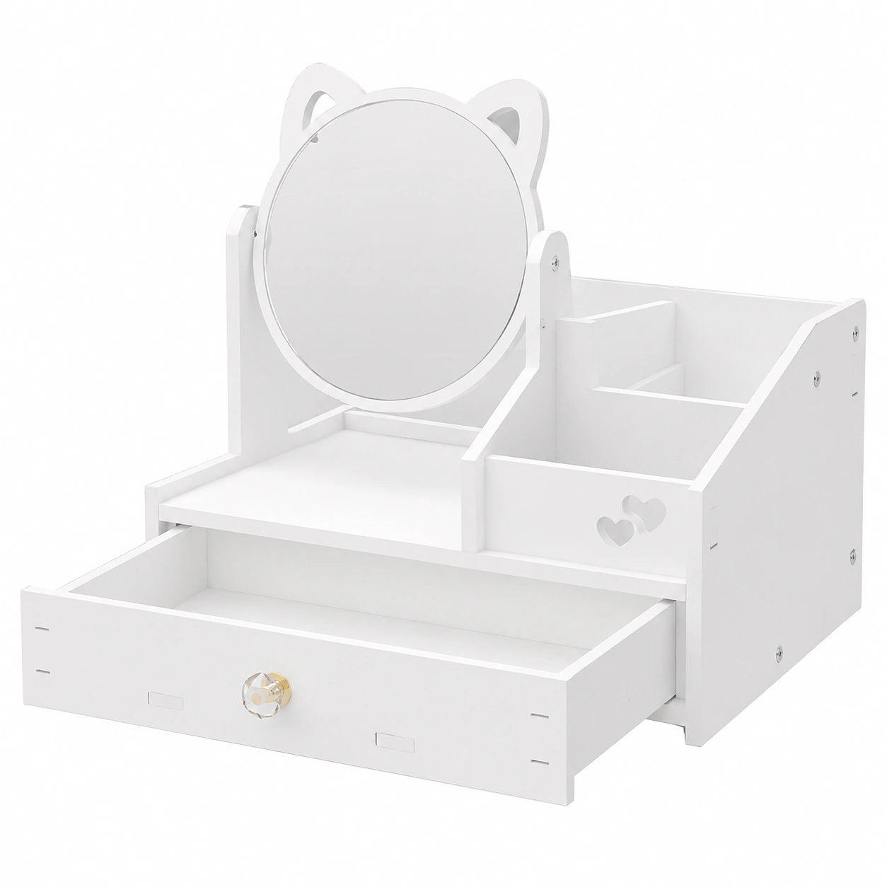 HOMURY Kosmetikorganizer mit Rundspiegel und Schublade, Weißer Schminkorganizer für Schlafzimmer oder Badezimmer