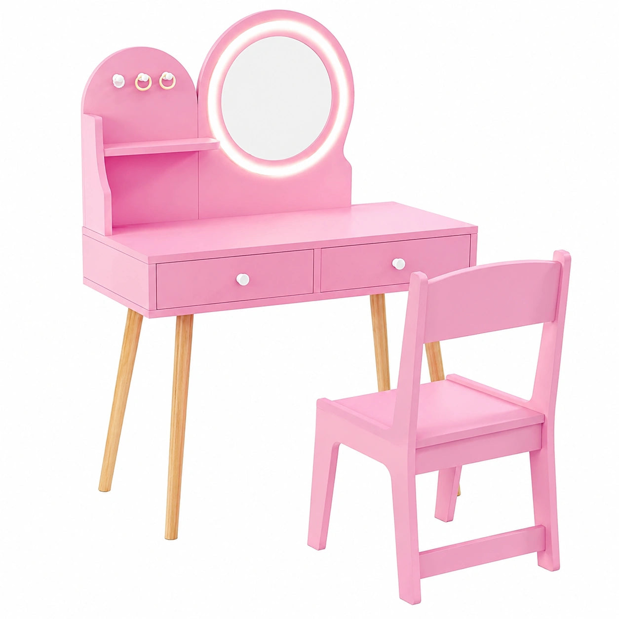 COSTWAY Schminktisch für Kinder, beleuchteter Frisiertisch mit Spiegel, 2 Schubladen und Ablagefächern, aus Holz für Mädchen ab 3 Jahren, 3 Haken, Rosa