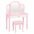 Kinderschminktisch im Landhausstil, 2-in-1 Frisiertisch mit Spiegel & Schublade, Rosa