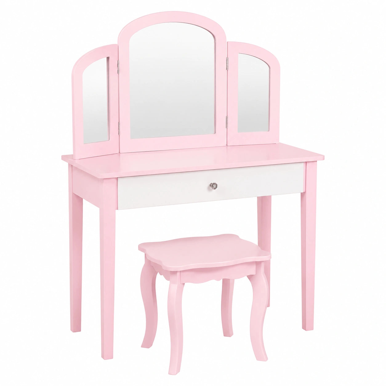 Kinderschminktisch im Landhausstil, 2-in-1 Frisiertisch mit Spiegel & Schublade, Rosa