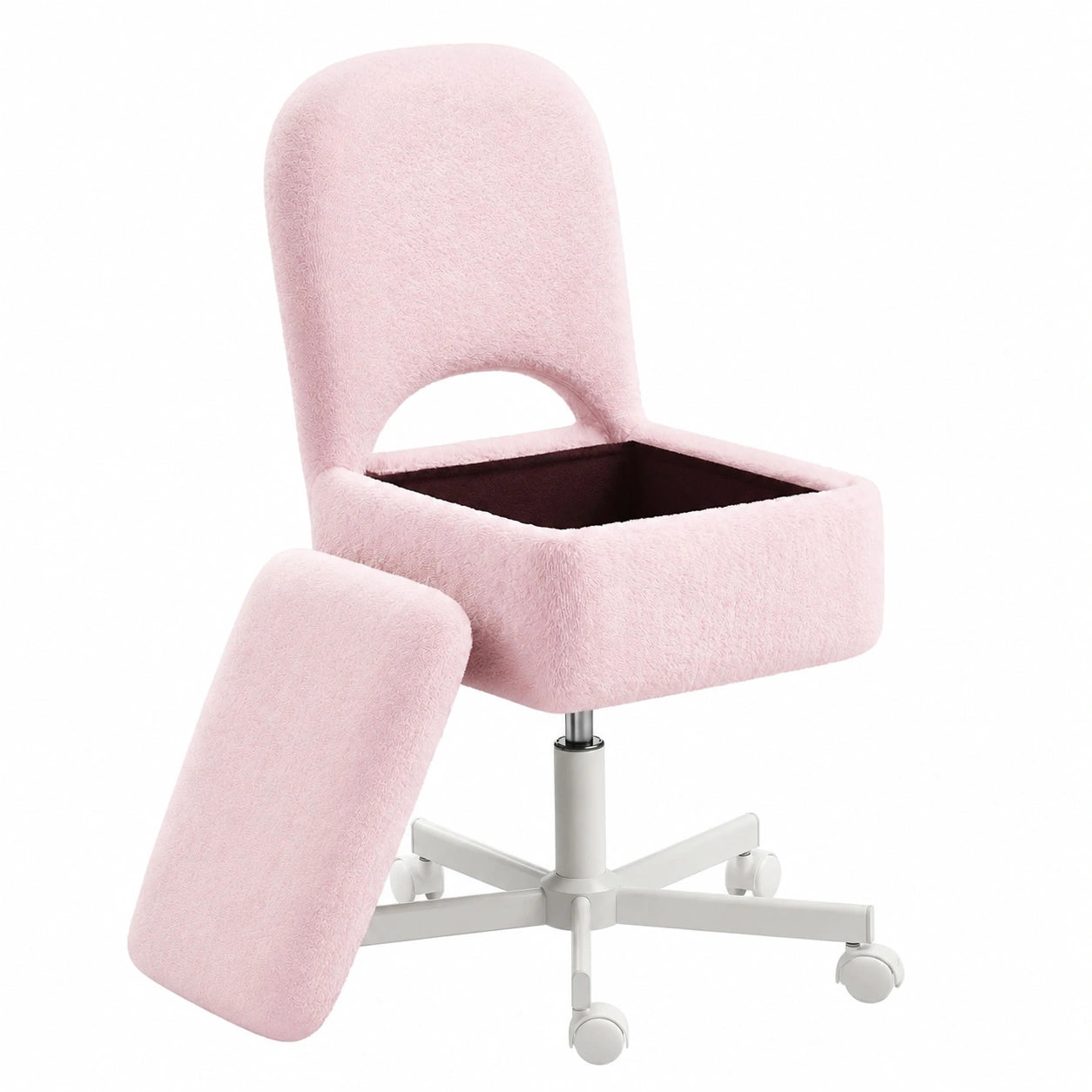 Rolanstar Moderner Schminktischstuhl mit Stauraum, Höhenverstellbar und Drehbar, Ergonomisch Klappbare Rückenlehne, Ideal für Schlafzimmer und Büro, Farbe Rosa, Größe L