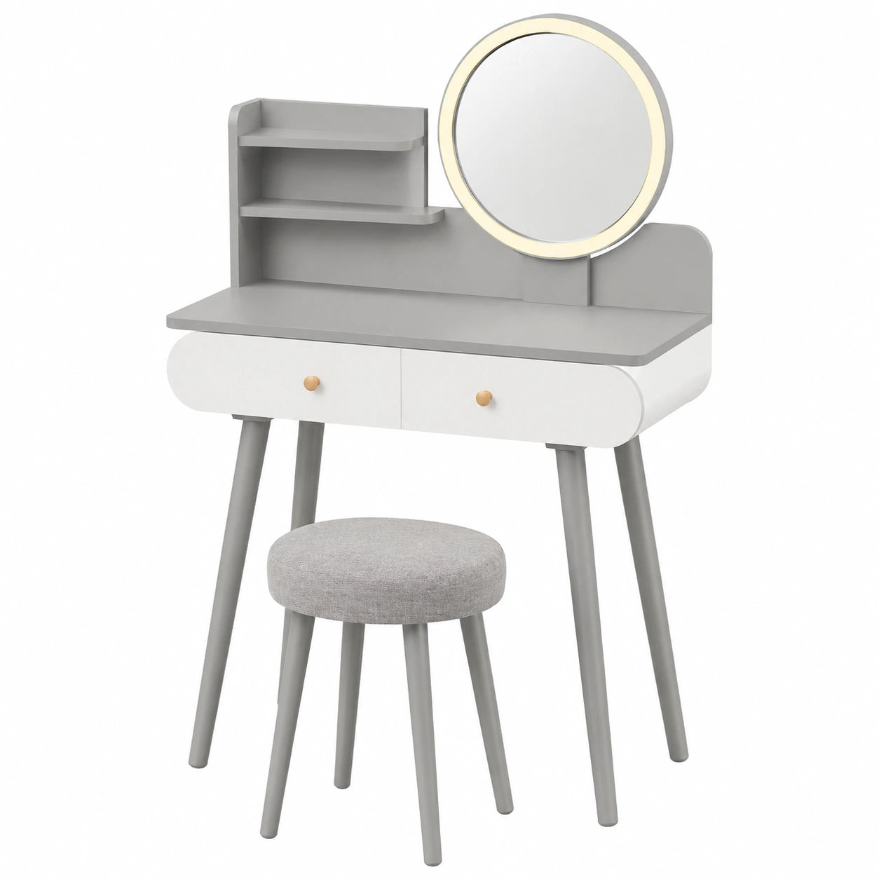 Vicco Schminktisch Edda in Grau, 80 cm mit LED-Beleuchtung und Rundspiegel, inklusive Hocker