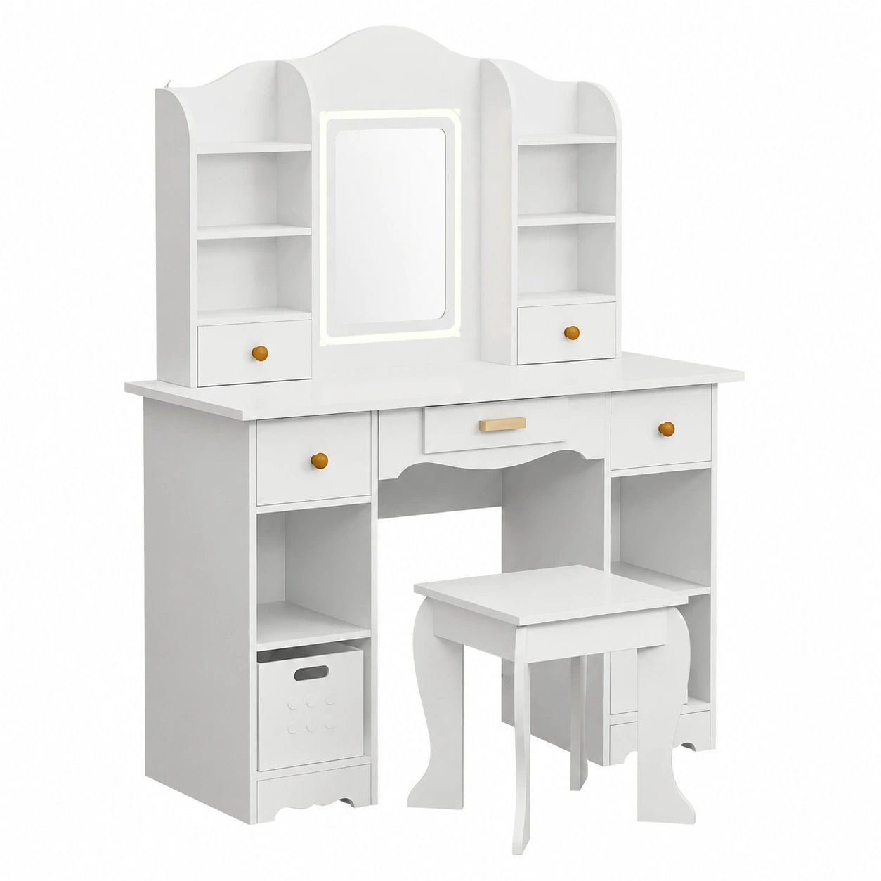 Kinderschminktisch Set mit LED, Prinzessin Frisiertisch, 5 Schubladen & Hocker, für Kinder 3-8 Jahre