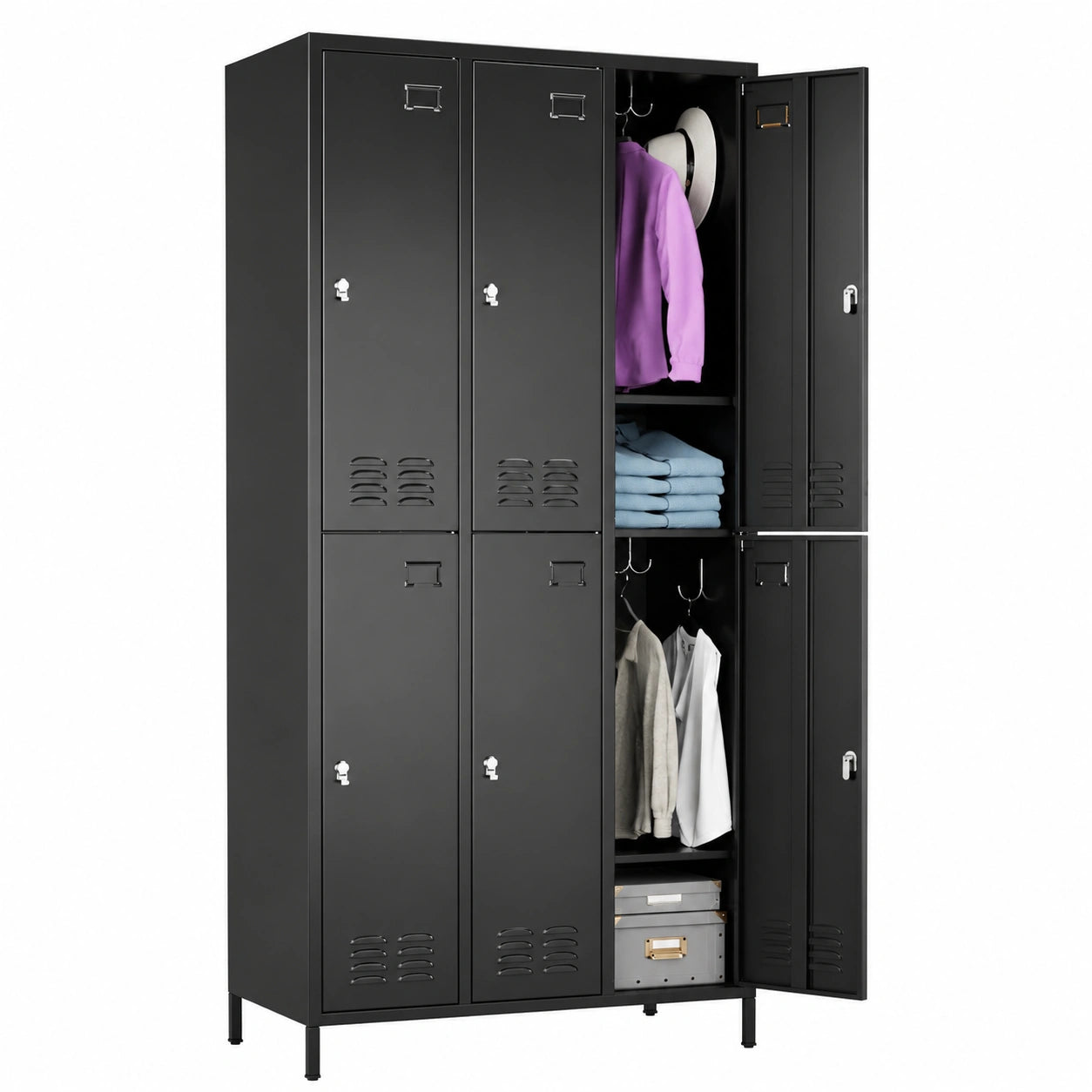 Robuster Metallschrank mit 6 Fächern und Belüftung, Schwarz, 183x90x40 cm