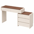 Eleganter L-förmiger Schminktisch in Nussbaum-Optik mit Drehspiegel und 5 Schubladen, Ideal für Schlafzimmer, PU-Lederbezug, Weiß