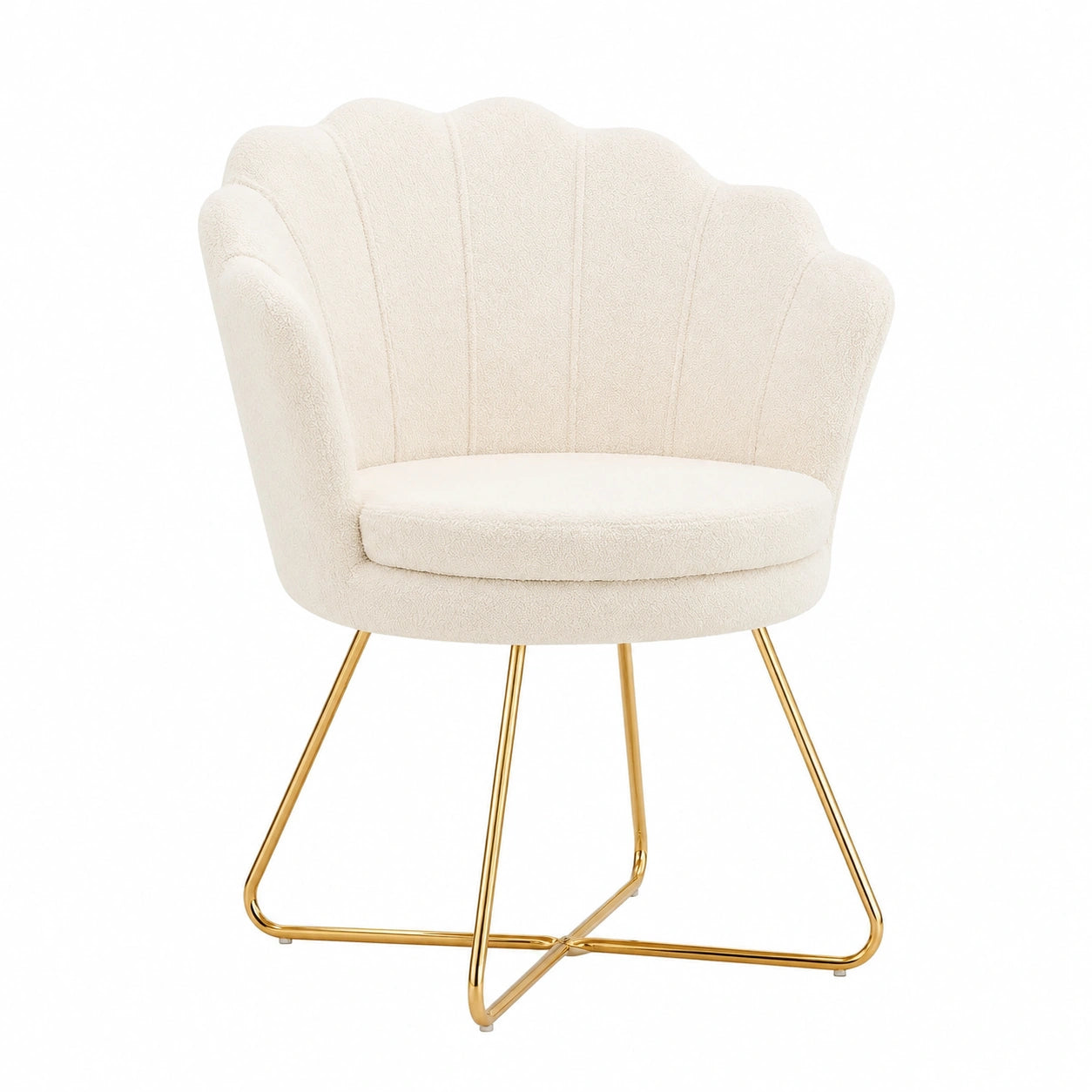 Eleganter Teddy-Sessel im Muschel-Design mit goldenen Metallbeinen, Weißer Schminkstuhl für Esszimmer und Wohnzimmer