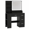 Eleganter Schminktisch Schwarz mit LED-Beleuchtung und Spiegel, Kosmetiktisch mit 4 Schubladen und 2-stöckigem Beistellschrank, 90 cm Frisiertisch