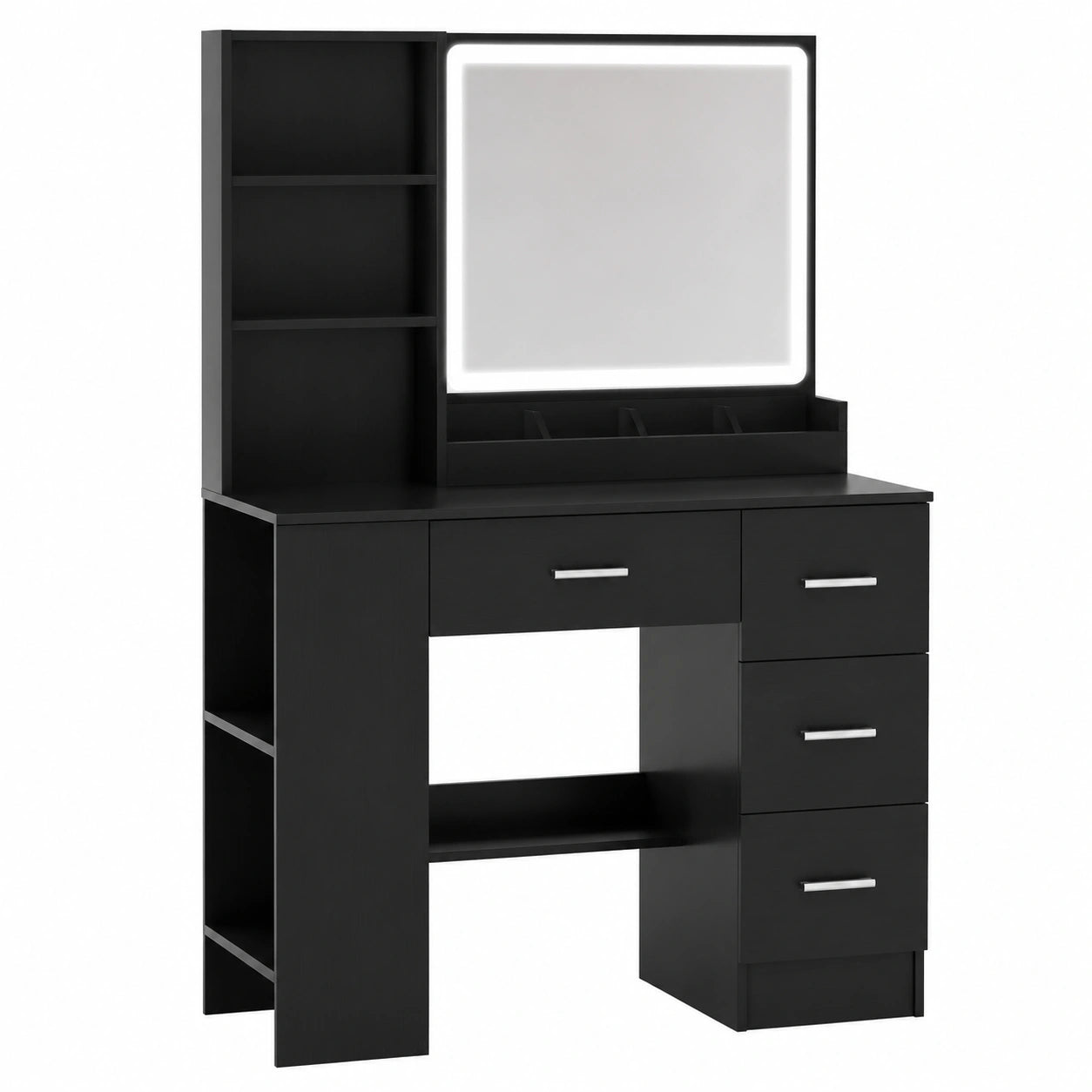 Eleganter Schminktisch Schwarz mit LED-Beleuchtung und Spiegel, Kosmetiktisch mit 4 Schubladen und 2-stöckigem Beistellschrank, 90 cm Frisiertisch
