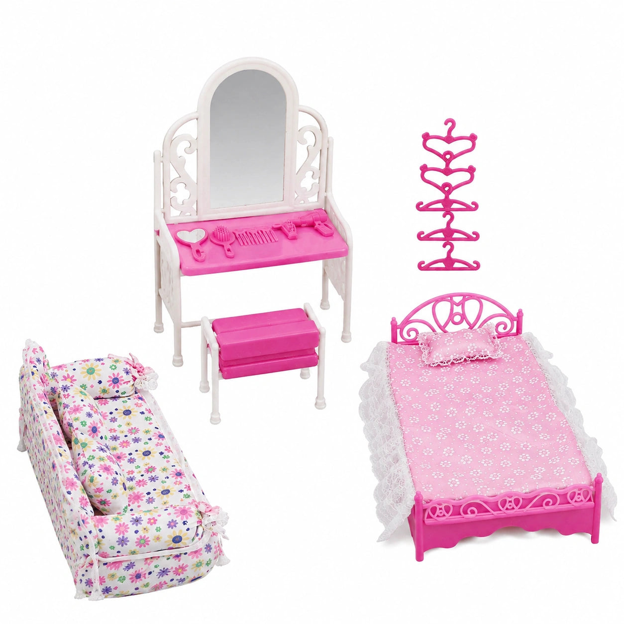 Prinzessin Möbelset für Barbie – 8-teilig, Rosa, Kommode, Sofa, Bett