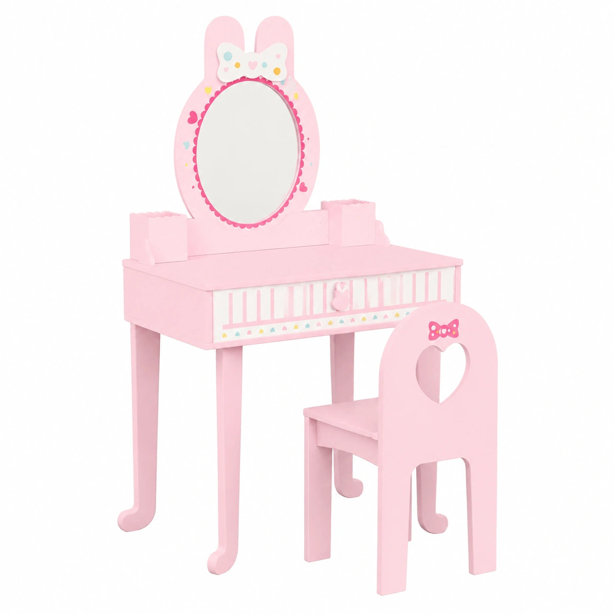 Bonnlo Schminktisch Set für Mädchen mit abnehmbarem Spiegel und Hocker, Hasenmotiv, Rosa, ab 3 Jahren